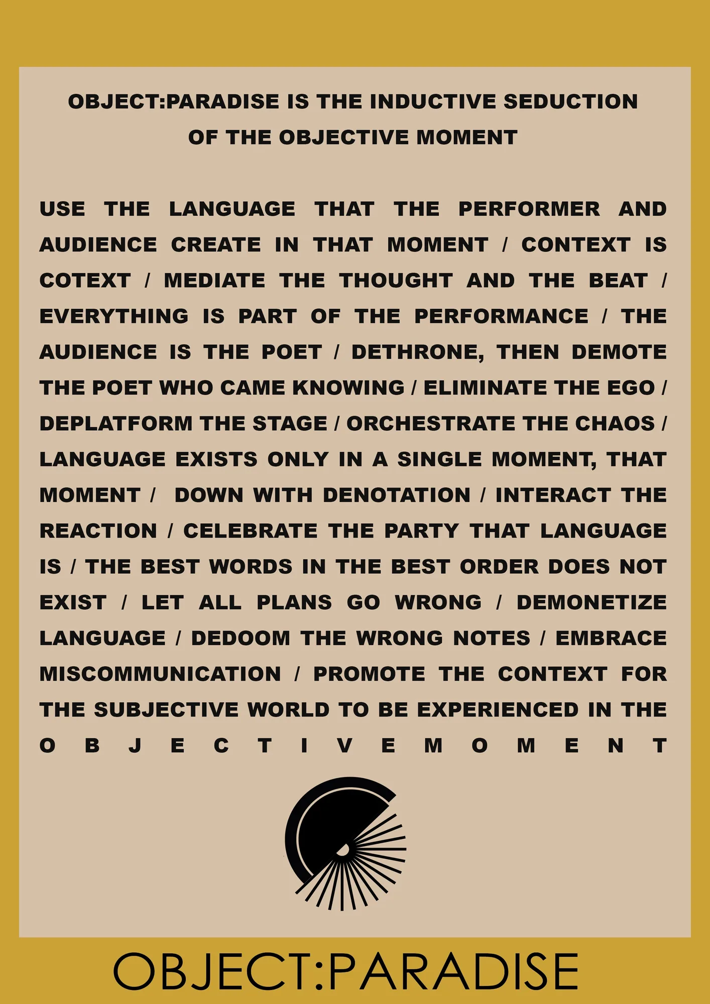 The twenty OBJECT:PARADISE mantras printed as a poster
