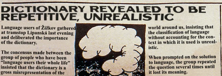 Newspaper clipping: Dictionary revealed to be repetitive, unrealistic