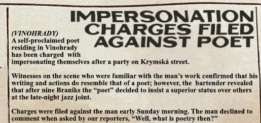 Newspaper clipping: Impersonation charges filed against poet