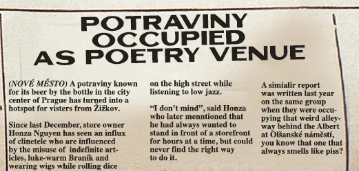 Newspaper clipping: Potraviny occupied as poetry venue